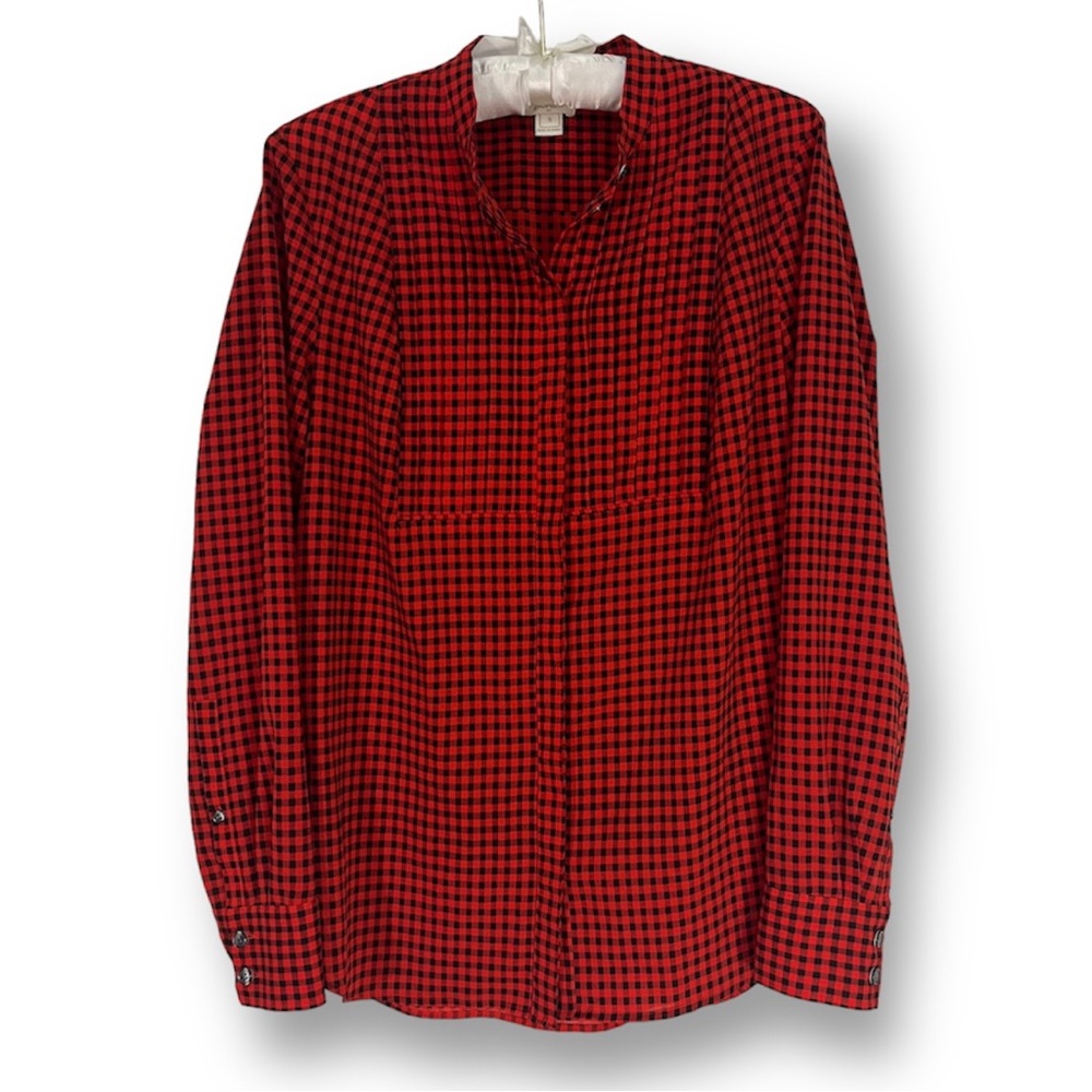 J. Crew Black Red Blouse Plaid Button Down Tuxedo Drapey Long Sleeve Shirt Sz S